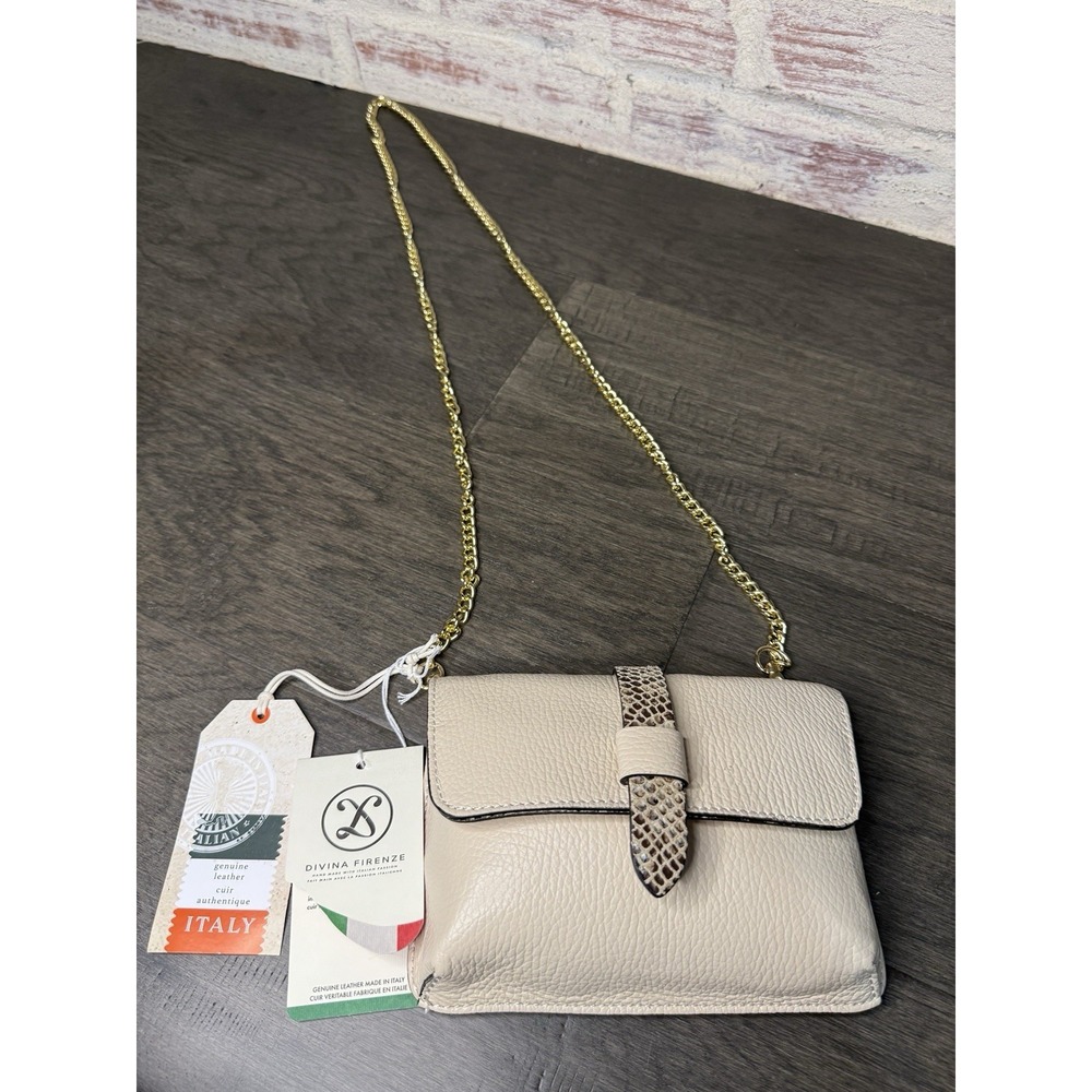 Divina Firenze Genuine Tan Leather Snake Skin Crossbody Handbag Made in Italy